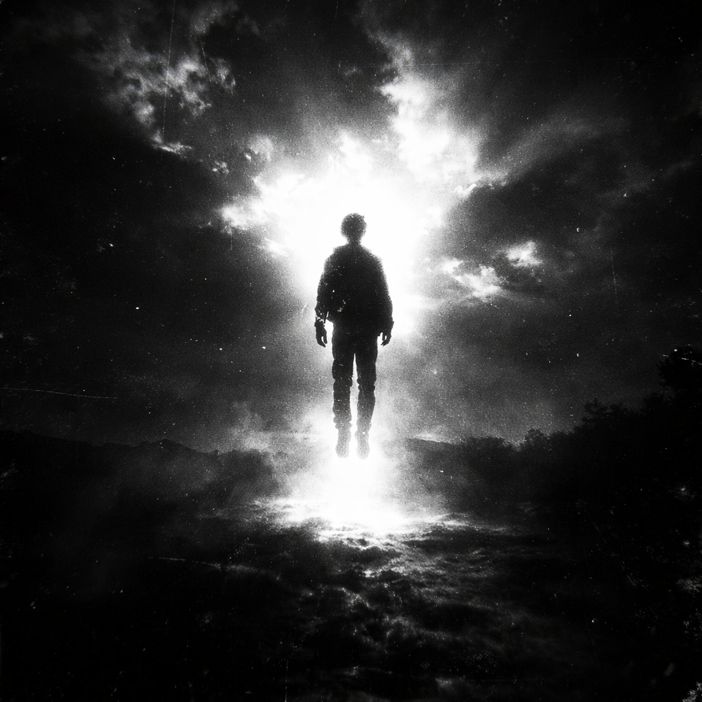 A silhouette ascending into divine light